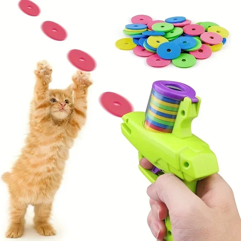 Funny Cat Dog Toy Gun Interactive Foam Disc Launcher 15 Reusable Discs, Shooting Chasing Game for Pet Training Dog Pet Supplie